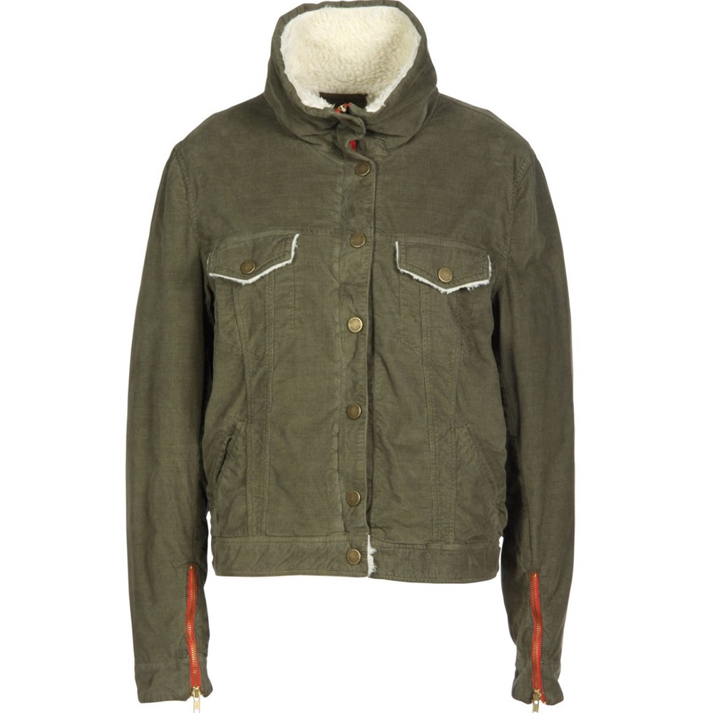 Cotton Corduroy Shearling Turtleneck Jacket Green